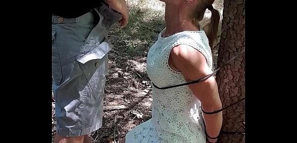  Belgian milf gets tied up in woods and sucks dick